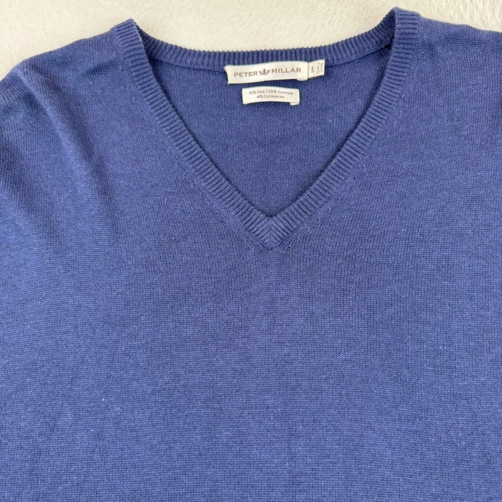 Peter Millar V-Neck Sweater Men Large Blue Silk Cotton Cashmere Luxury Old Money